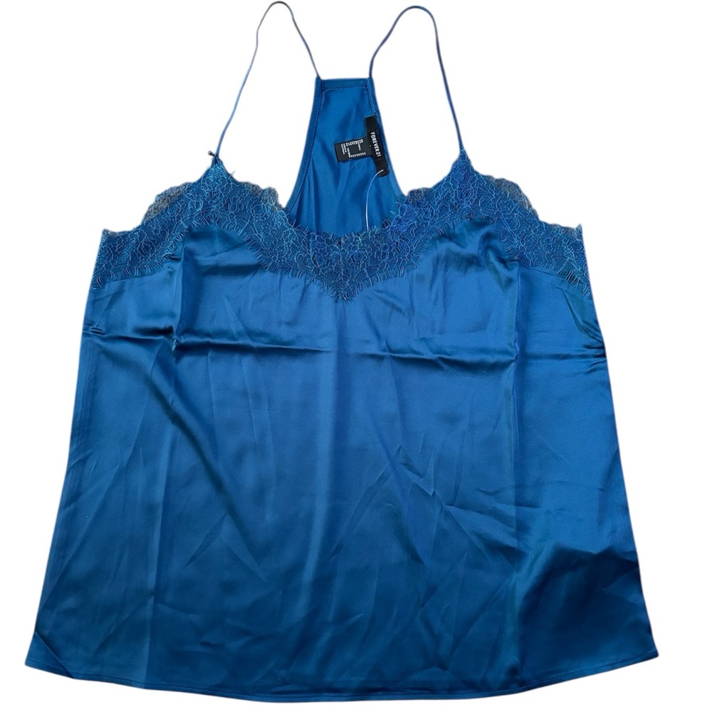 Y2K Forever 21 Royal Blue Satin Lace-Trim Racerback Camisole